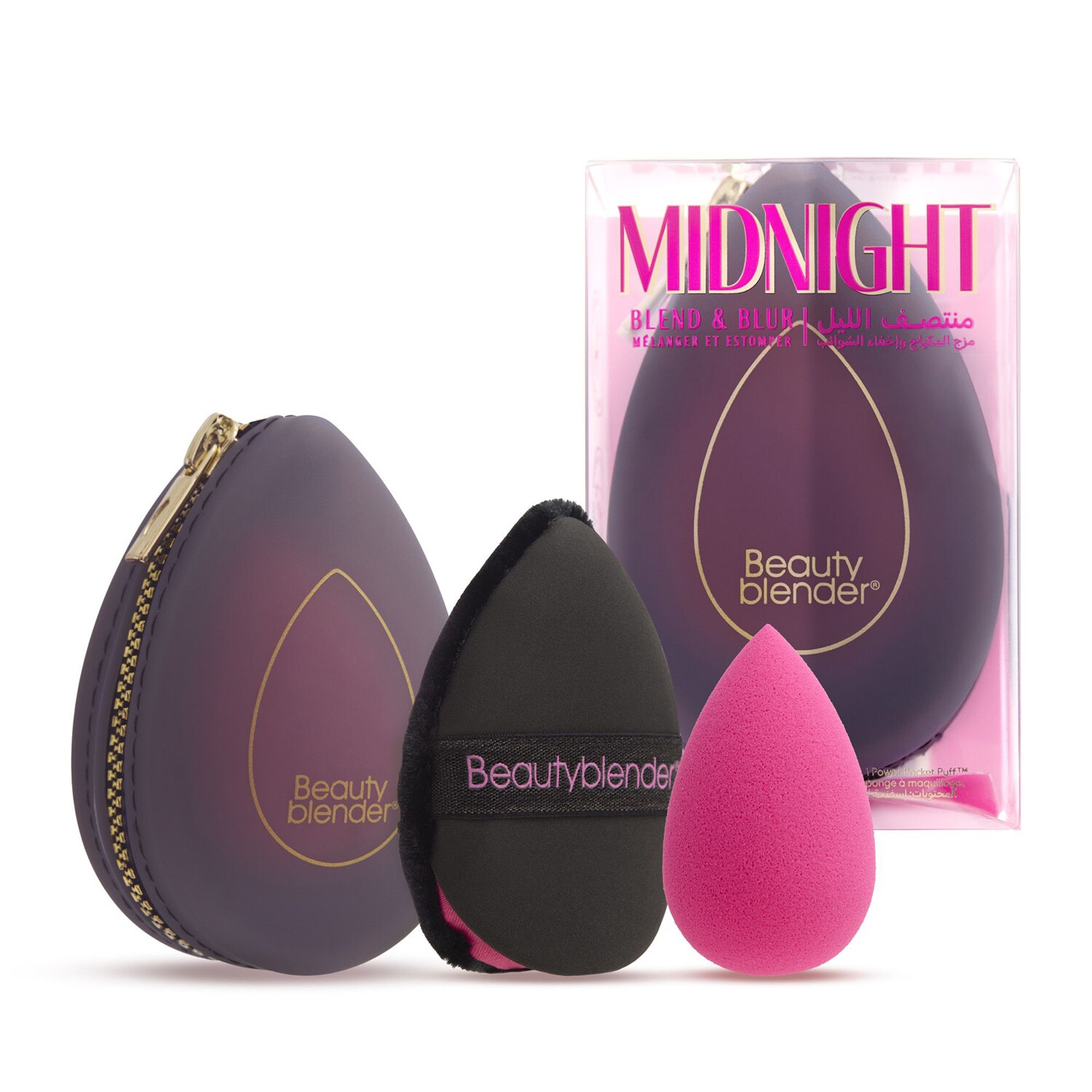 BEAUTYBLENDER - Midnight Blend & Blur Set - Sada s houbičkou na make-up, labutěnkou a pouzdrem