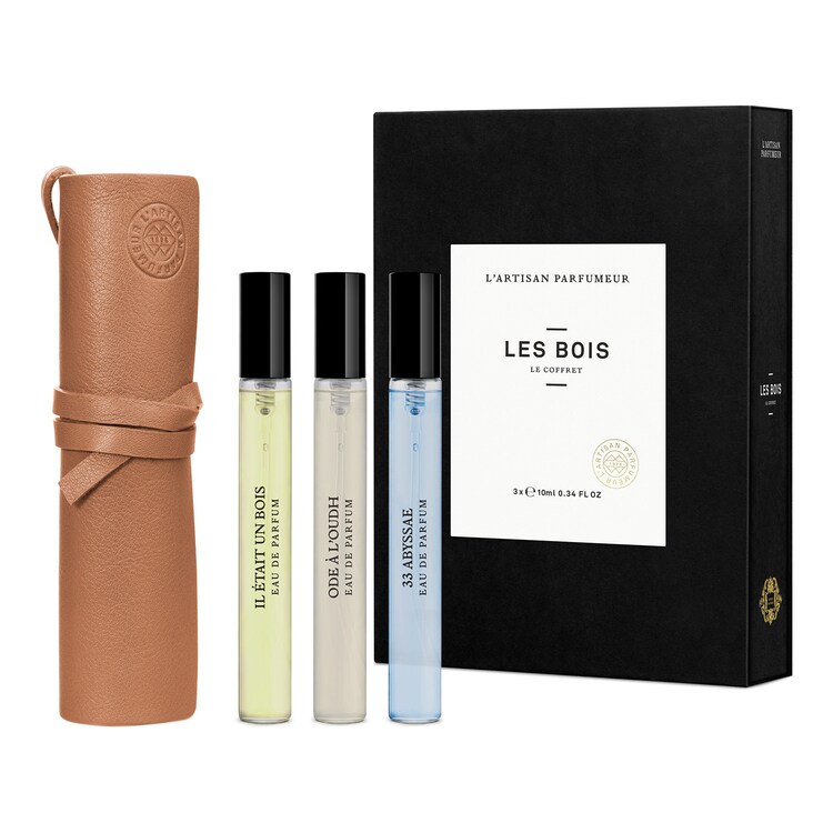 Le Coffret Les Bois – Coffret vaporisateurs de voyage et pochette en cuir