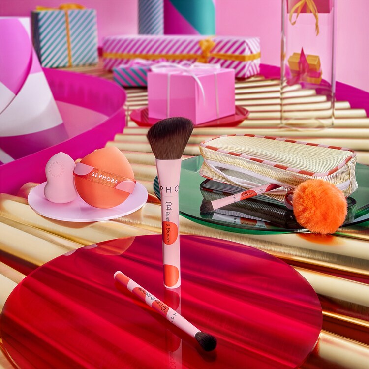 Kit de pinceaux et d'accessoires maquillage - 3 pinceaux teint & yeux + 2 éponge