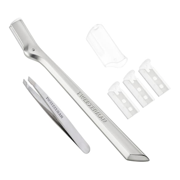 Mini Slant Tweezer & Brow Razor Set - Silver, TWEEZERMAN