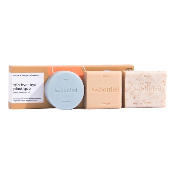 Trio Bye Bye Plastic - Set per la cura di viso, corpo e capelli Formato Viaggio, UNBOTTLED
