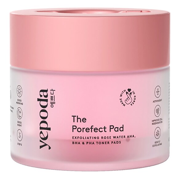 The Porefect Pad - Discos tonificantes esfoliantes, água de rosas, AHA, BHA, PHA, YEPODA