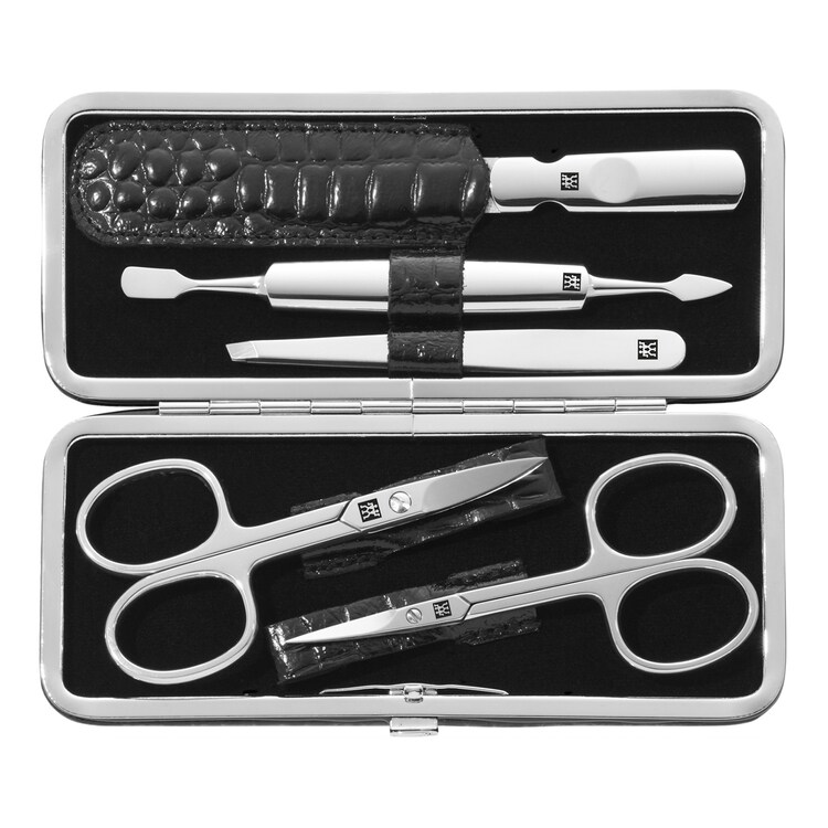 Maniküre Pediküre Set 5tlg. mit Nagelschere, Leder in Kroko-Optik, schwarz