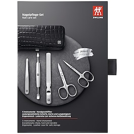 Maniküre Pediküre Set 5tlg. mit Nagelschere, Leder in Kroko-Optik, schwarz
