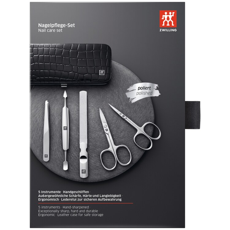 Maniküre Pediküre Set 5tlg. mit Nagelschere, Leder in Kroko-Optik, schwarz