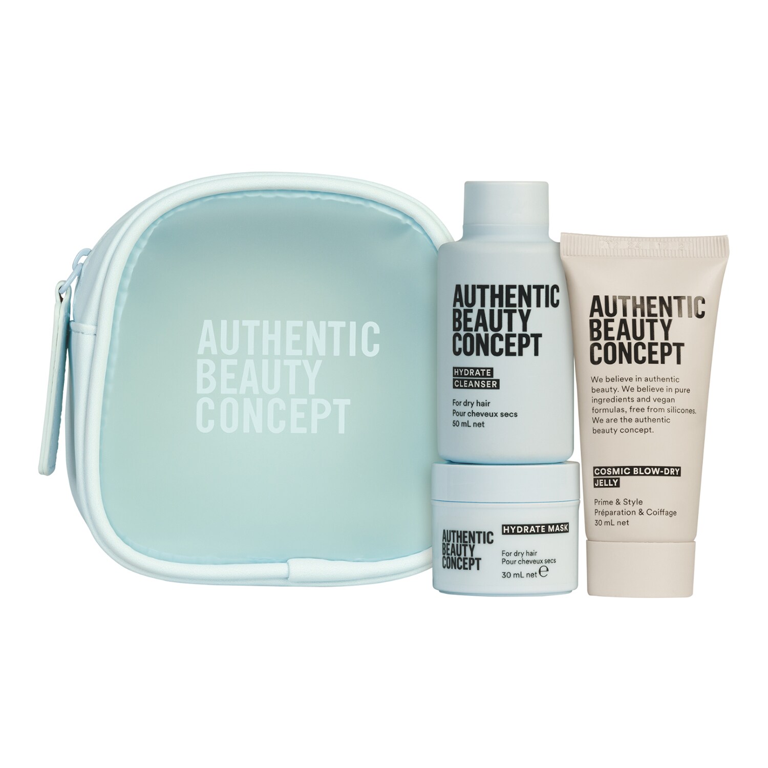 Hydratační sada pro vlasy AUTHENTIC BEAUTY CONCEPT, obsahuje šampon, masť a stylizační přípravek