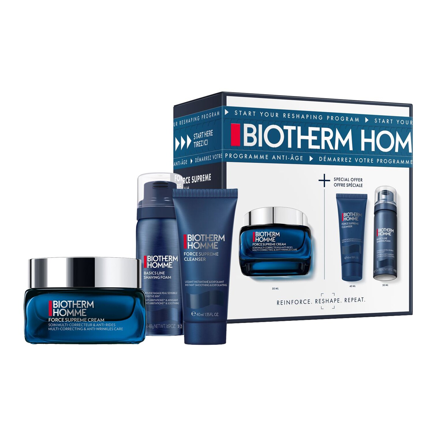 Dárková sada BIOTHERM Force Supreme s čisticím gelem, pěnou na holení a pleťovým krémem