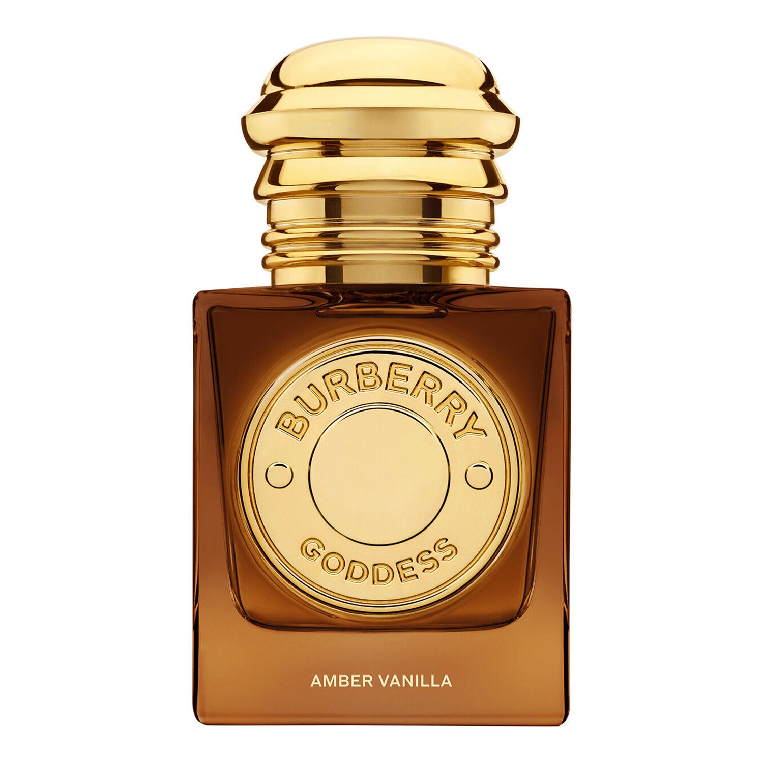 Skleněný flakon parfémy BURBERRY Goddess Amber Vanilla v jantarovém odstínu