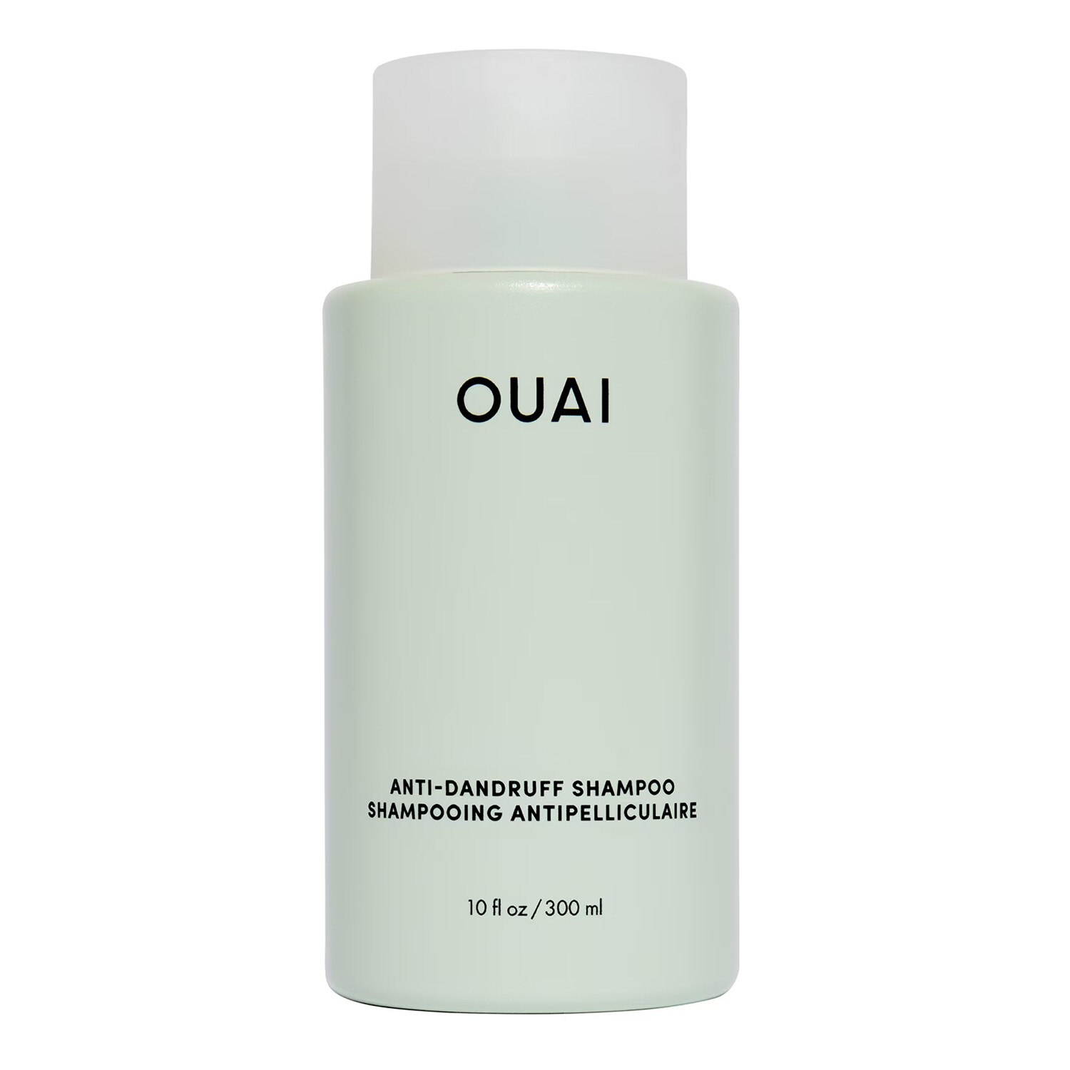 Šampon proti lupům v barvě modré, s nápisem OUAI na obalu