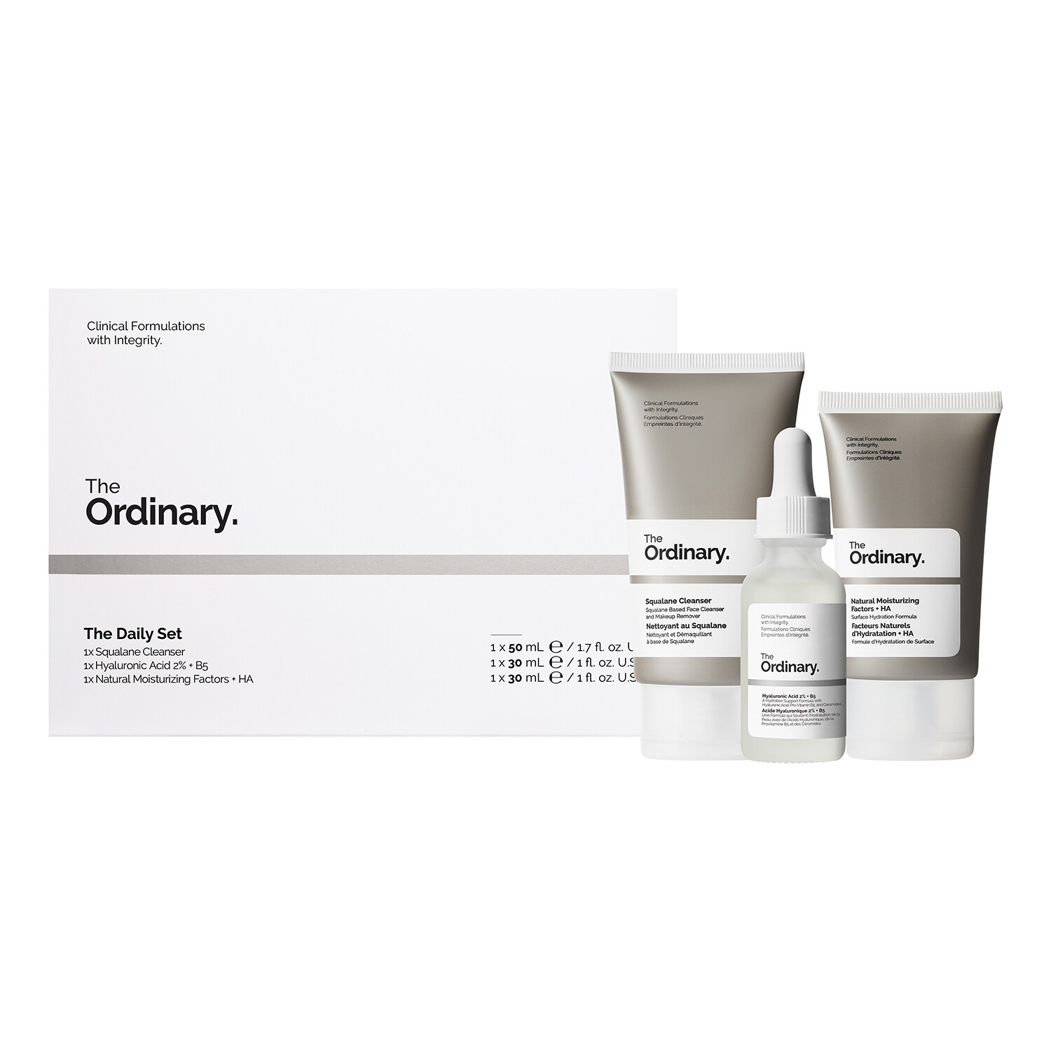 Dárková sada THE ORDINARY, barevně přehledná krabička s třemi kosmetickými produkty