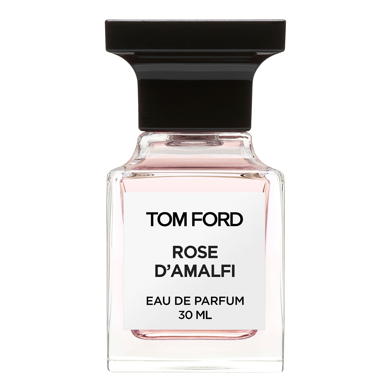 Průsvitný flakon parfémové vody TOM FORD Rose d'Amalfi s růžovou barvou