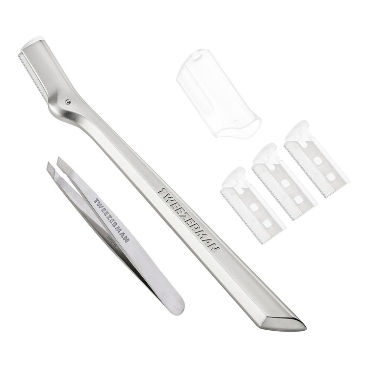 Mini Slant Pincett & Brynrakator Set - Silver